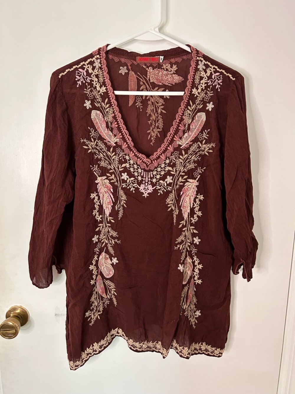 JOHNNY WAS CHOCOLATE BROWN V-NECK TUNIC WITH PINK AND CREAM EMBROIDERY SIZE MED